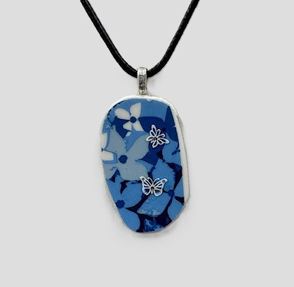 Mixed Blue Flowers Butterfly Necklace