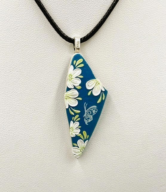 Blue w/White Flowers Butterfly Necklace