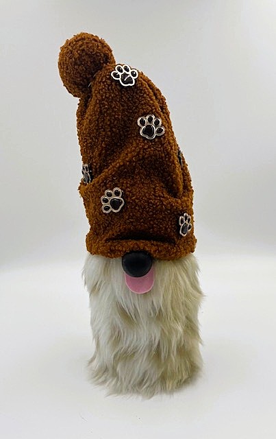 (SOLD)Beige Dog w/Brown Paw Print Hat Gnome