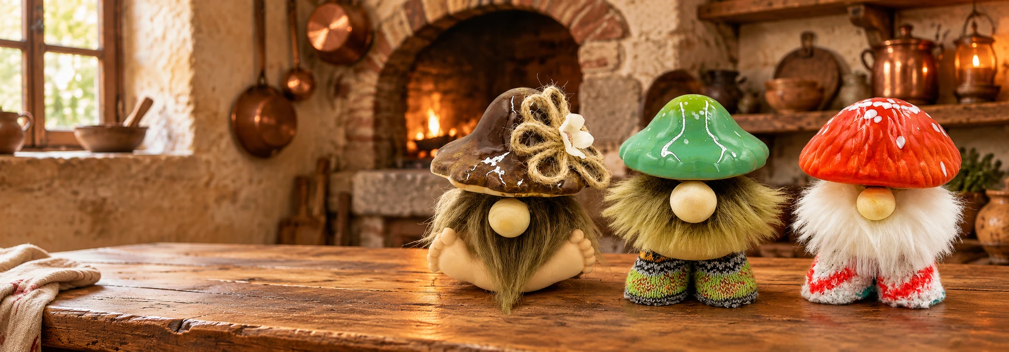 Three handmade cloth mushroom gnomes on a wooden table in a warm old-world kitchen with a brick oven