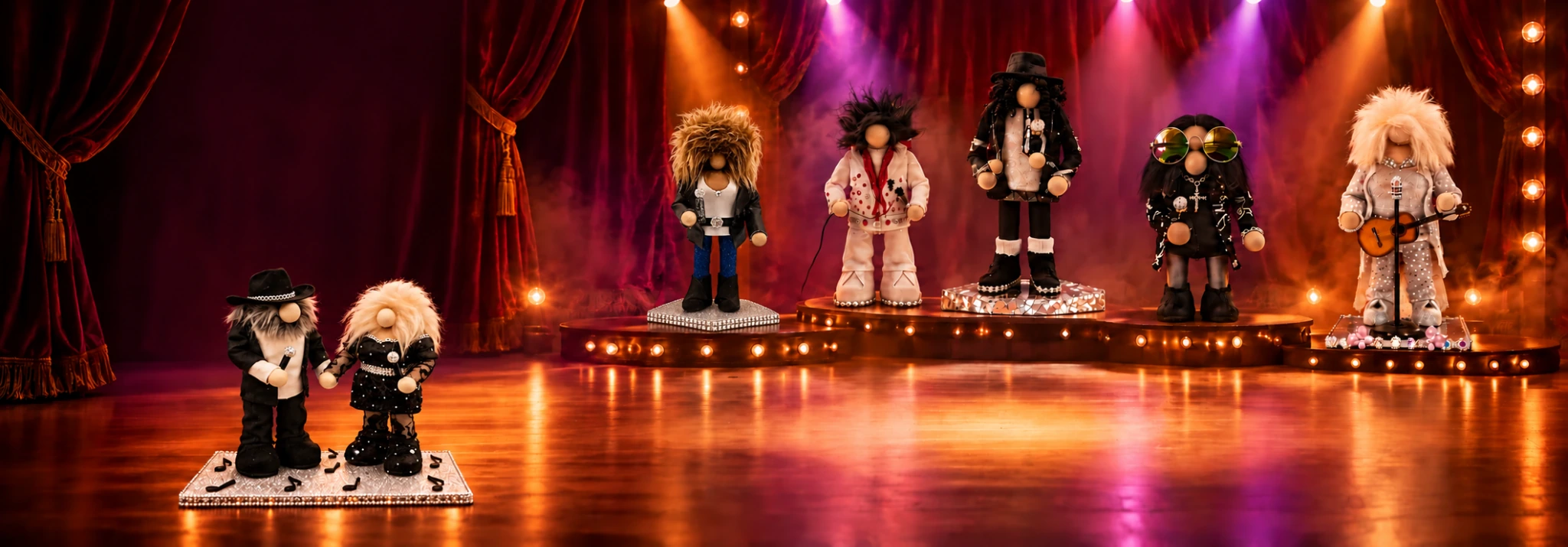 Kenny Rogers and Dolly Parton duet with Tina Turner, Elvis, Michael Jackson, Ozzy Osbourne and Dolly Parton handmade gnomes on a concert stage