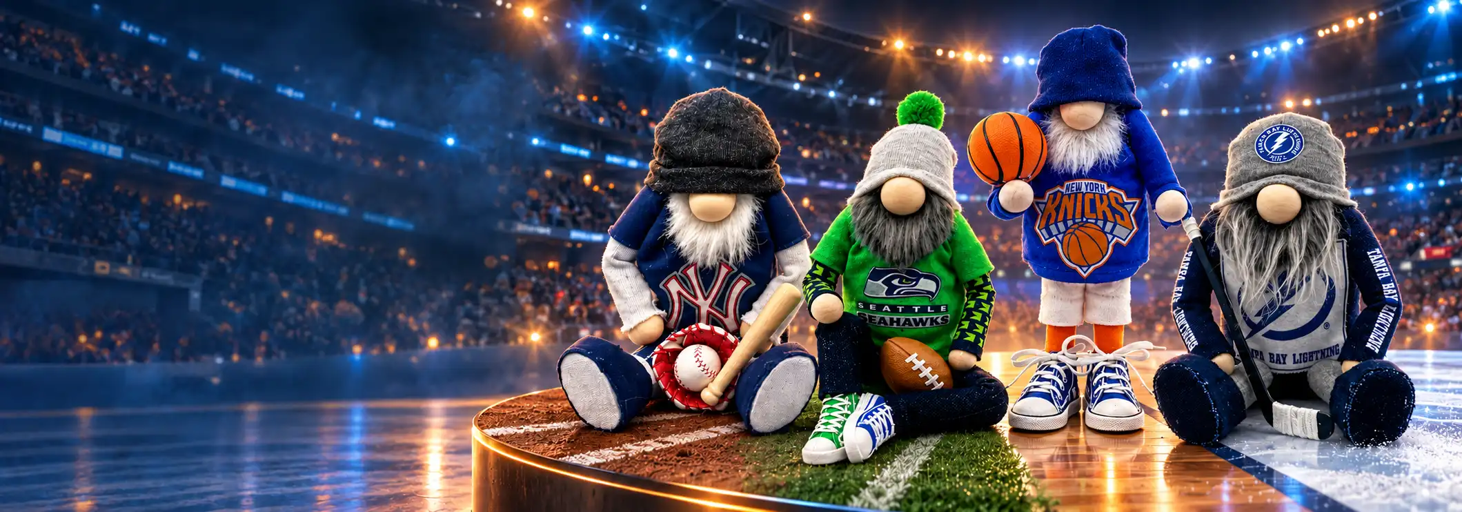 Handmade Yankees, Seahawks, Knicks and Tampa Bay Lightning gnomes under stadium lights